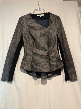 Robbi & Nikki Metallic Black Textured Asymmetric Faux Leather Fabric Jacket